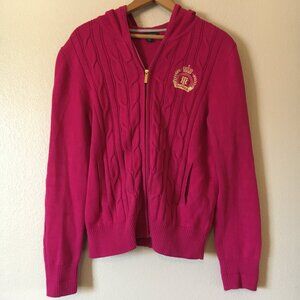 Pink Cable Knit Sweater Jacket L Hoodie Tommy Hilfiger Crest Preppy Zip Cardigan